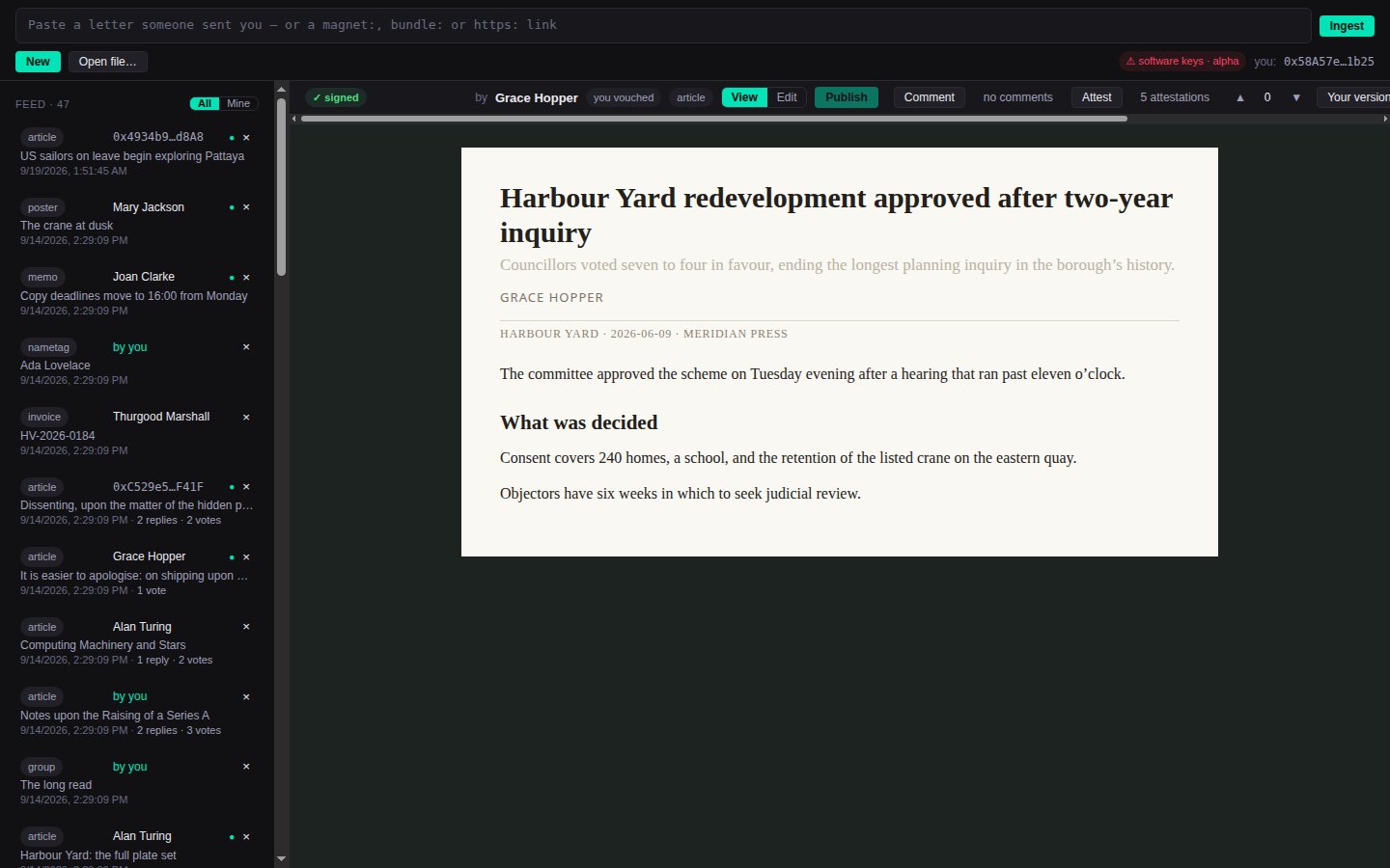 The Souspli app. On the left, a feed of letters listed by who signed them and what each calls itself. On the right, a news article open under a header that reads: signed, by Grace Hopper, you vouched, 5 attestations.